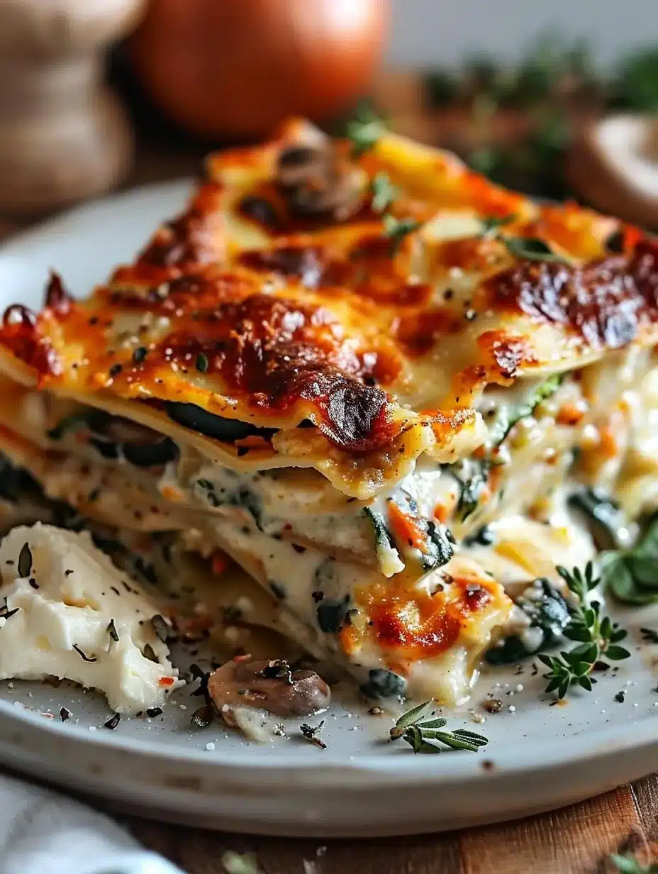 Delicious Loaded Veggie White Lasagna featuring layers of vegetables and creamy sauce.