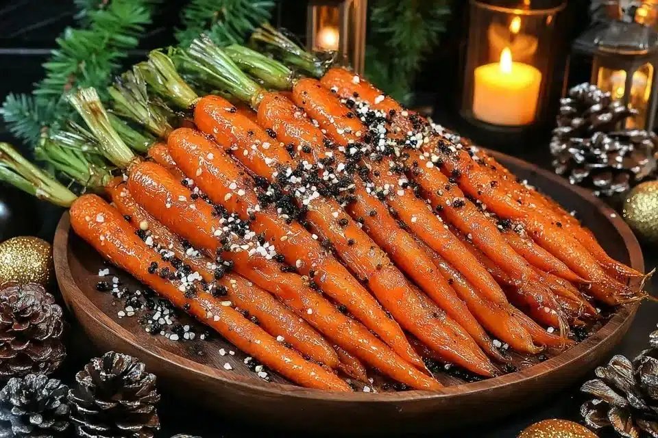 Maple mustard roasted carrots in a serving dish, garnished and ready to eat.