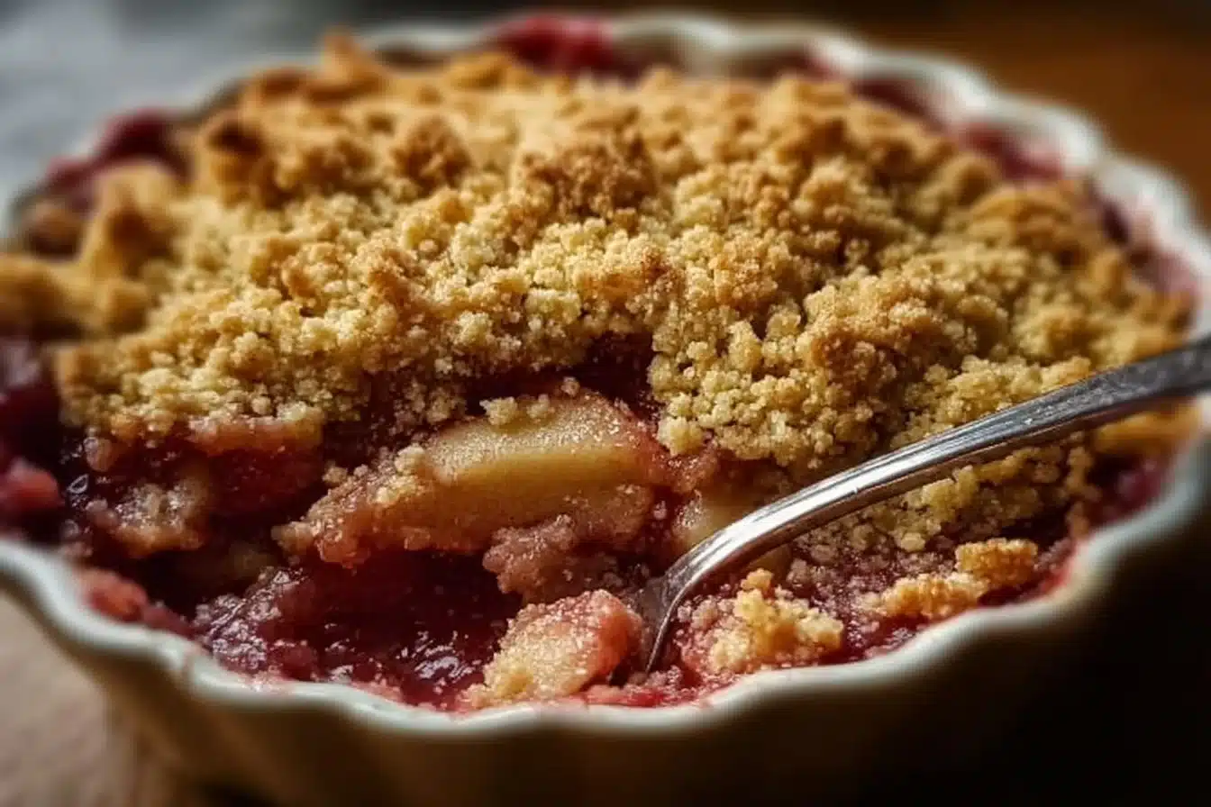 Mary Berry apple and rhubarb crumble served in a dish