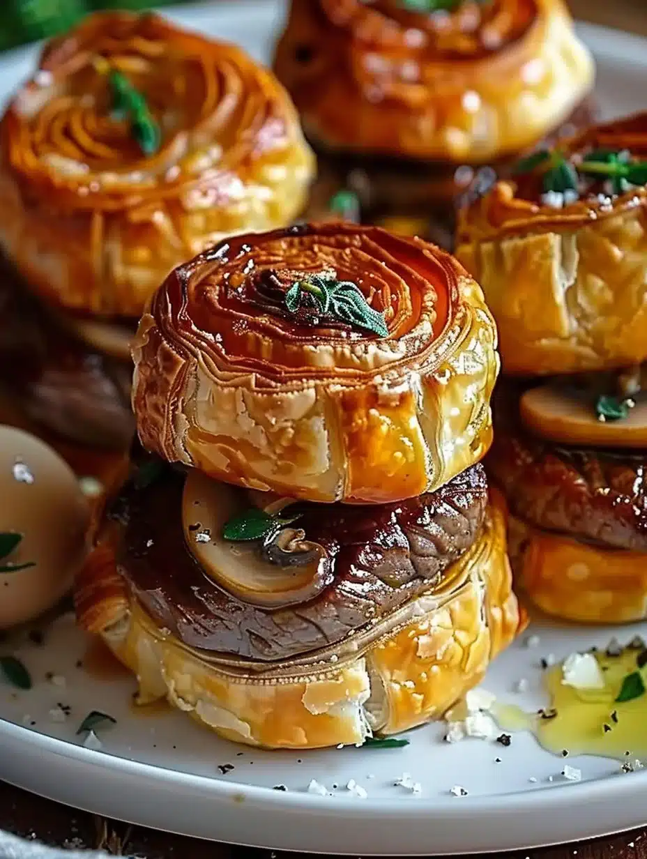 Mini Beef Wellington Bites 1 Mini Beef Wellington Bites on a serving platter garnished with herbs