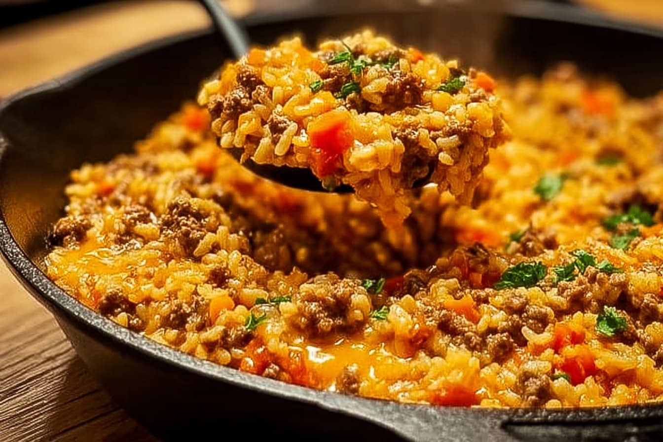 Cheesy Queso Beef & Rice Skillet Dinner