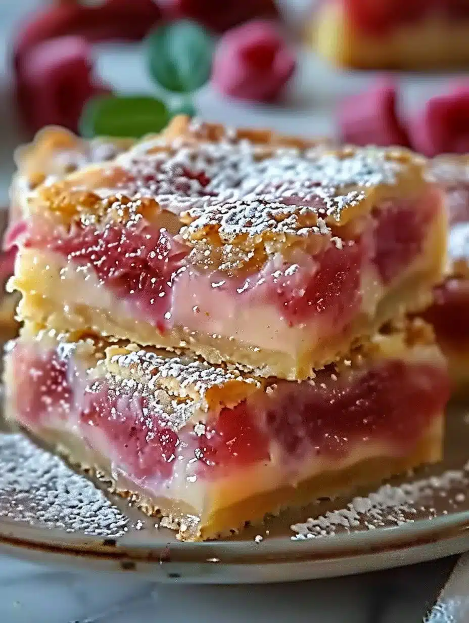 Old-Fashioned Rhubarb Custard Bars 1 Old-fashioned rhubarb custard bars with a creamy filling and golden crust