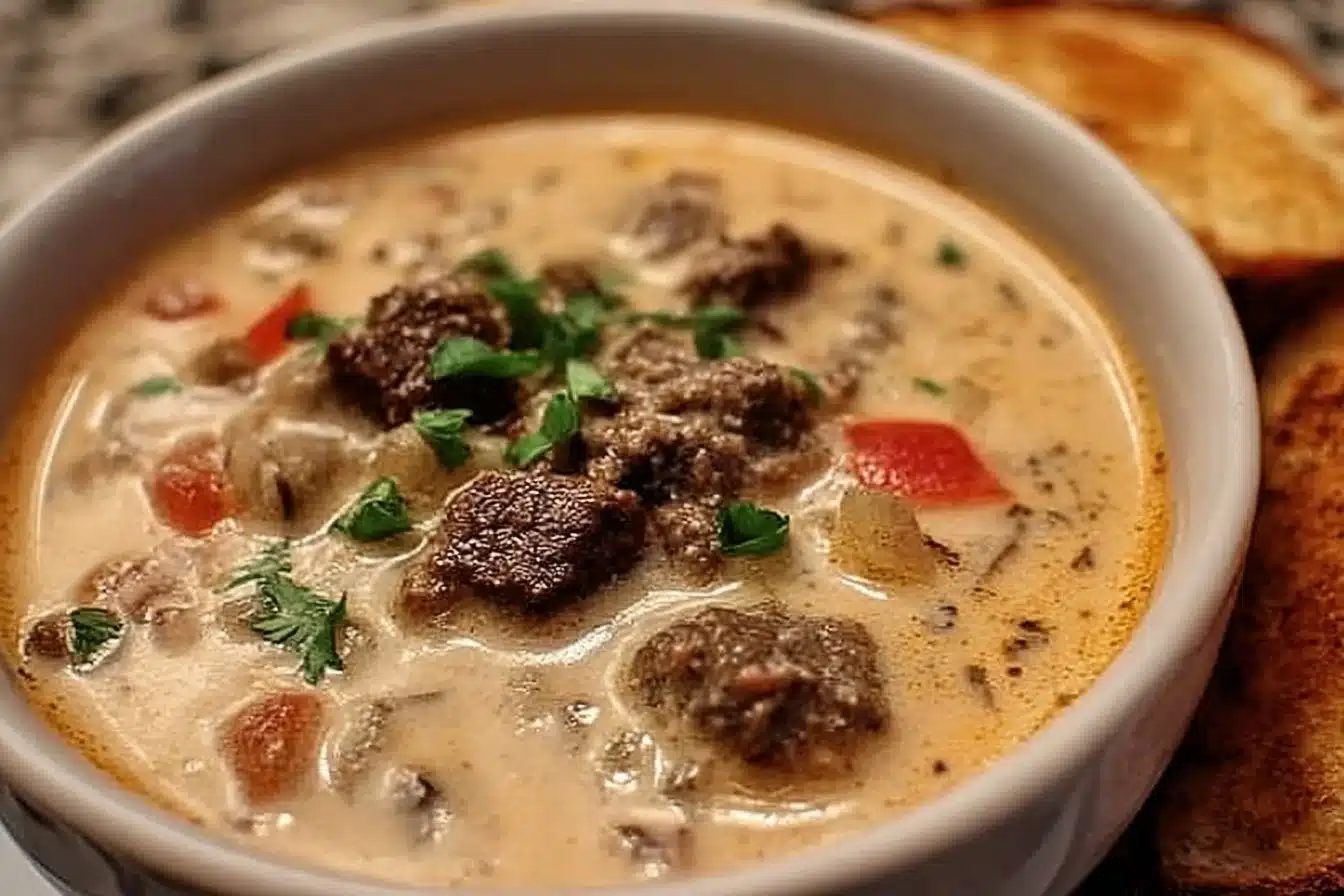 One-Pot Philly Cheesesteak Soup 3 Delicious One-Pot Philly Cheesesteak Soup served in a bowl