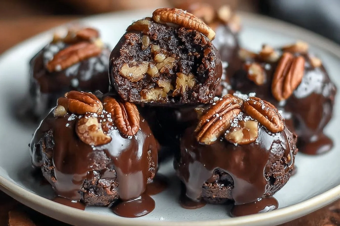 Pecan Pie Brownie Bombs 3 Decadent pecan pie brownie bombs topped with nuts and caramel sauce.