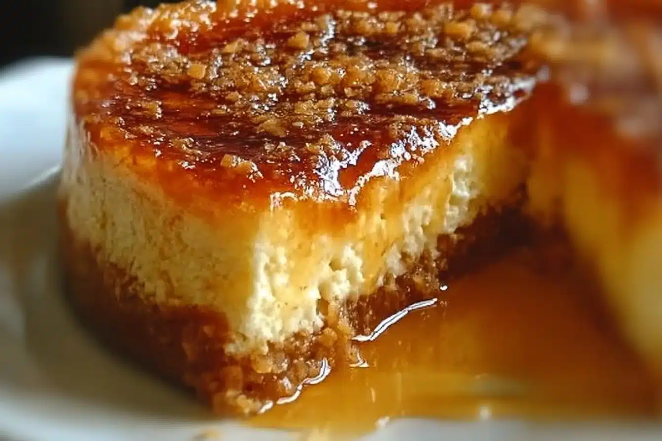 Slice of Pumpkin Crunch Crème Brûlée Cake topped with crunchy pecans
