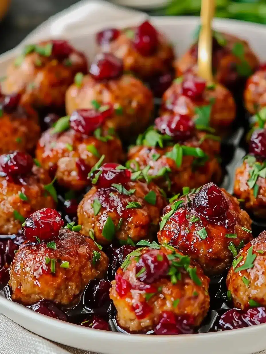 Quick Cranberry Meatballs 1 Bowl of quick cranberry meatballs served with sauce on a wooden table