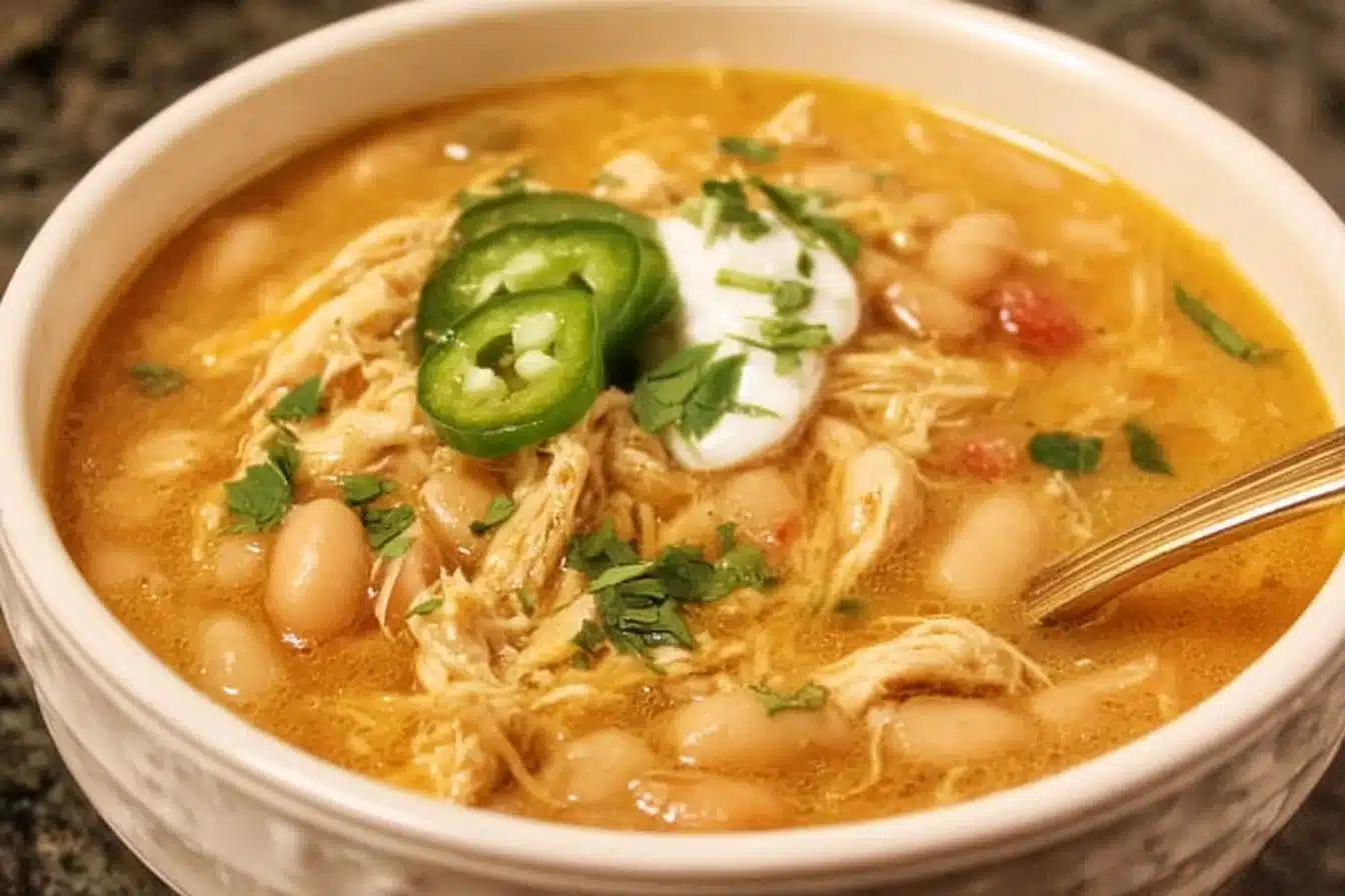 Quick & Easy White Bean Chicken Chili 2 Bowl of quick and easy white bean chicken chili topped with fresh cilantro.
