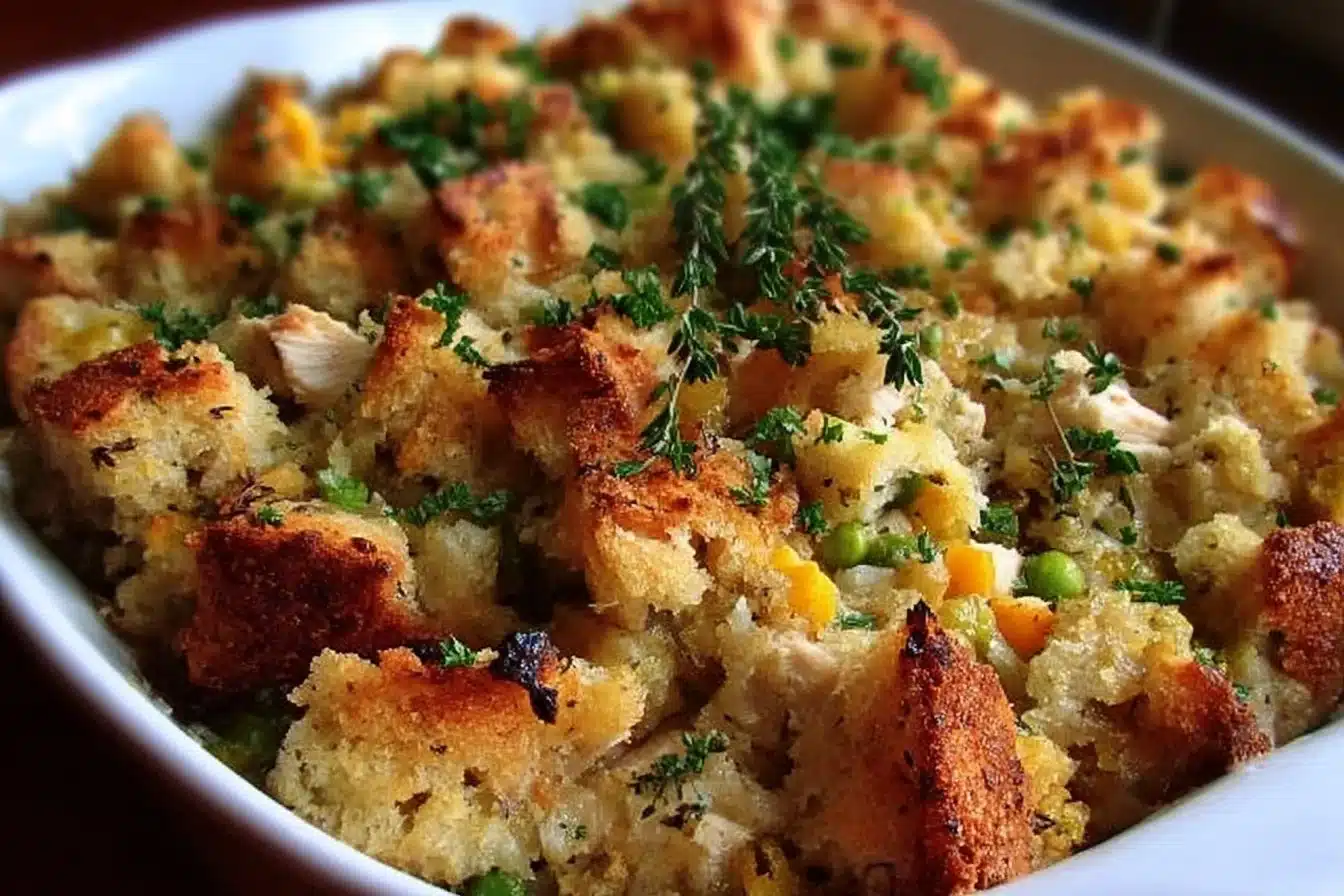 Rotisserie Chicken Stuffing Casserole 3 Delicious rotisserie chicken stuffing casserole served in a baking dish