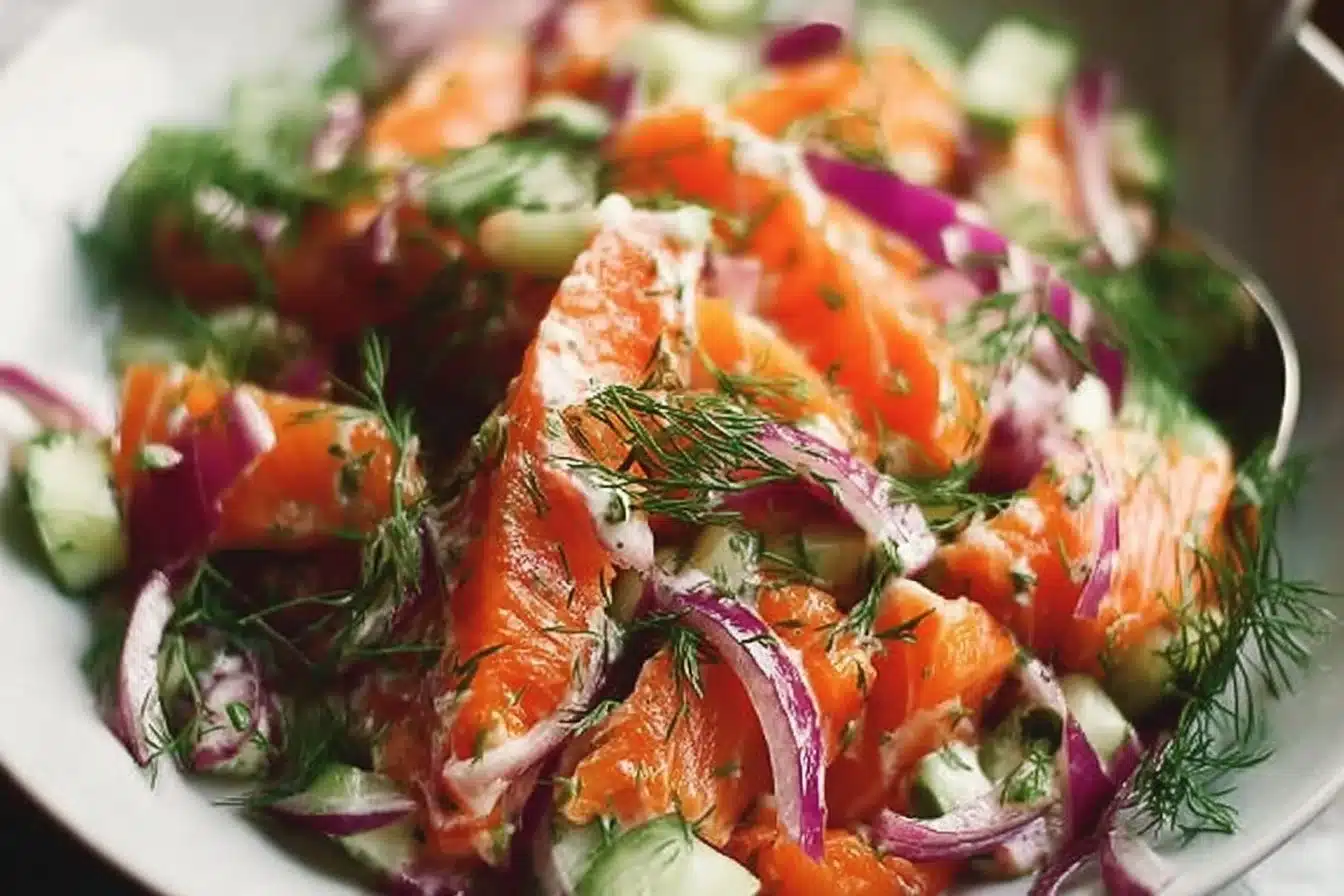 Salmon Salad 3 Fresh salmon salad with mixed greens and vegetables