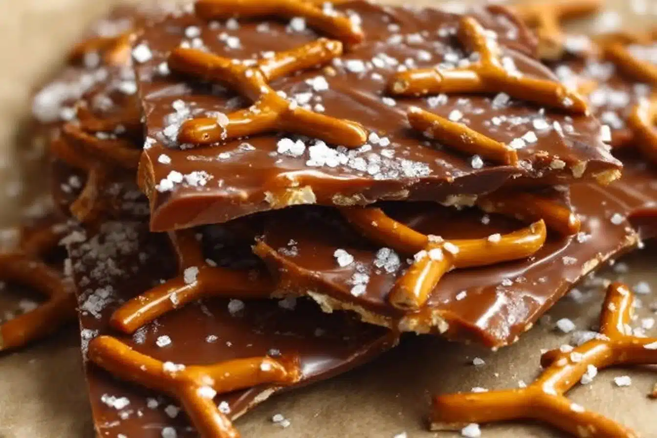 Delicious salted caramel pretzel bark with chocolate and sea salt