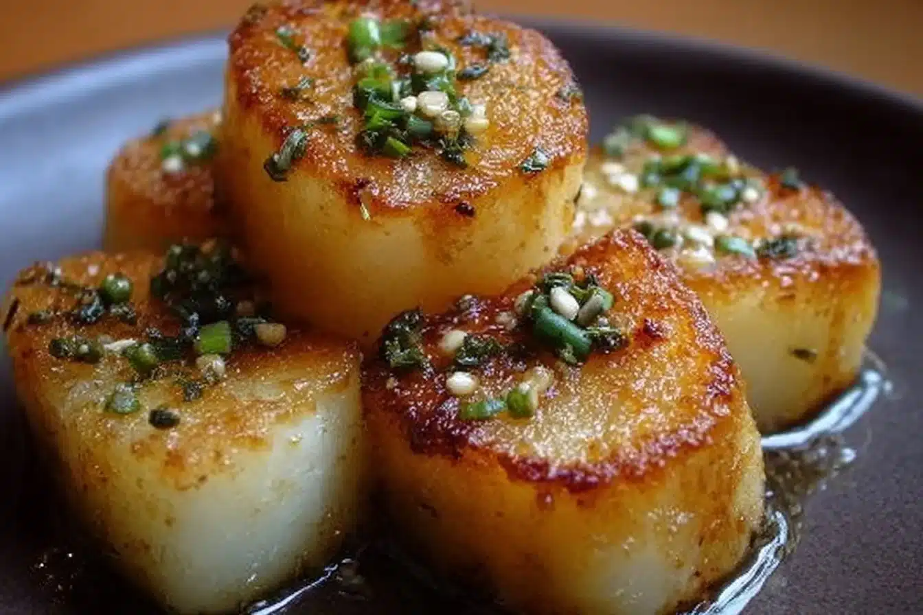 Savory Pan-Fried Japanese Potato Mochi 3 Delicious savory pan-fried Japanese potato mochi served on a plate