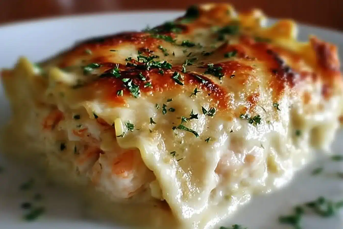 Shrimp & Crab Alfredo Lasagna Roll 3 Shrimp and crab Alfredo lasagna roll served on a plate