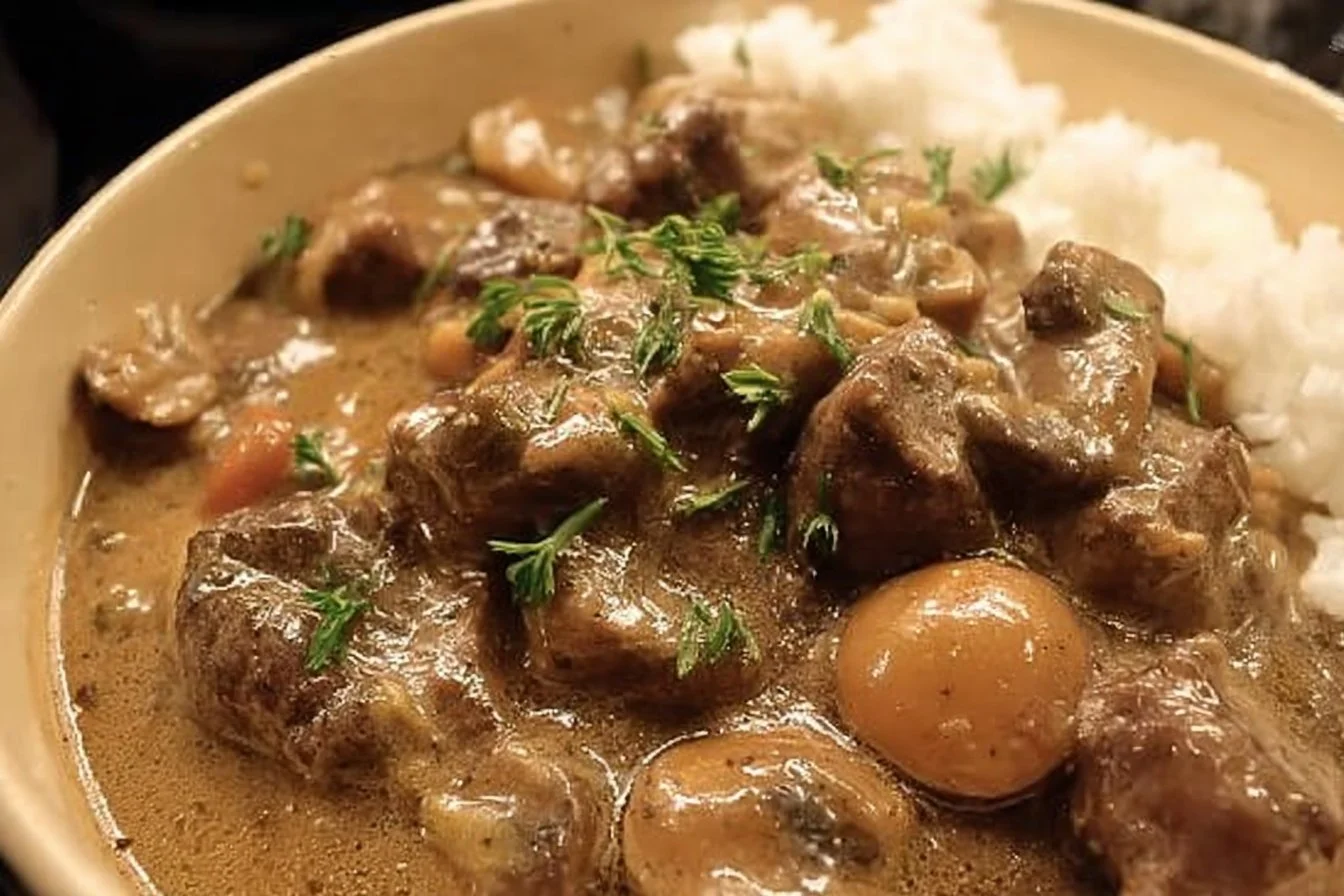 Slow Cooker Beef Stroganoff Stew 3 Slow cooker beef stroganoff stew served in a bowl with fresh parsley on top.