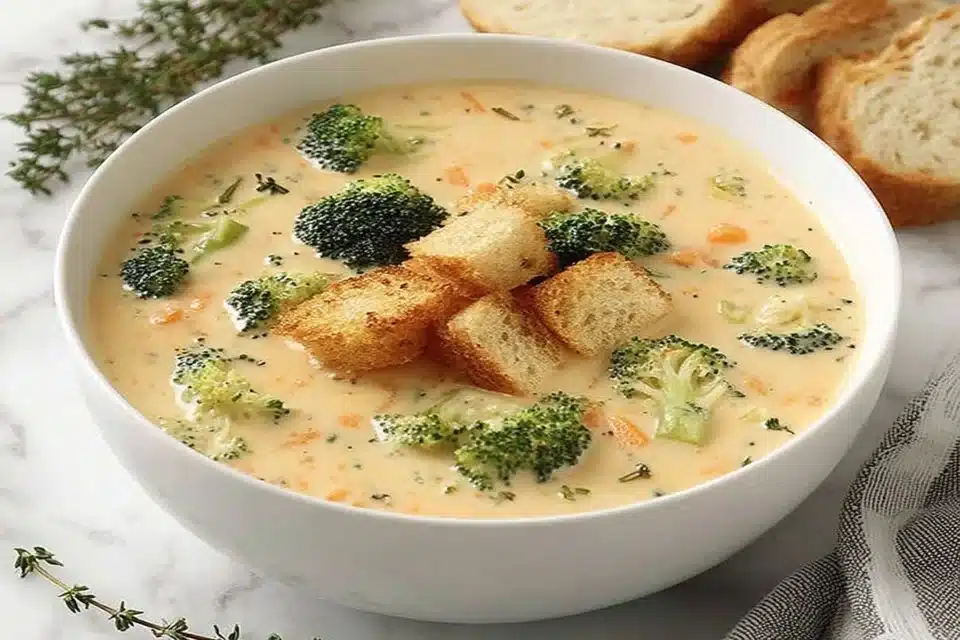 Comforting Smoked Gouda Broccoli Soup: The Ultimate Recipe 3 Bowl of creamy Smoked Gouda Broccoli Soup garnished with fresh herbs