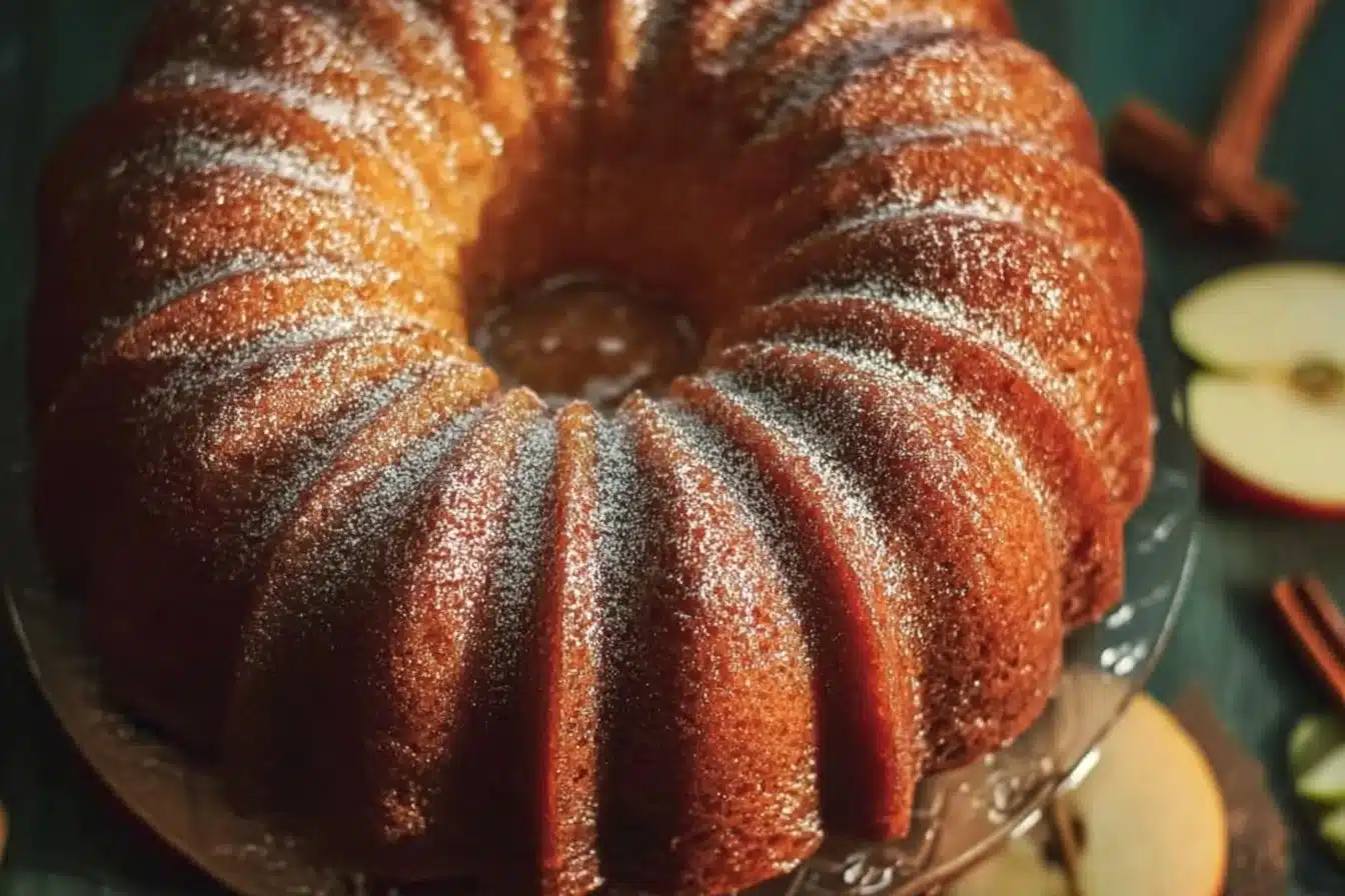 Delicious spiced apple cider bundt cake with a rich glaze