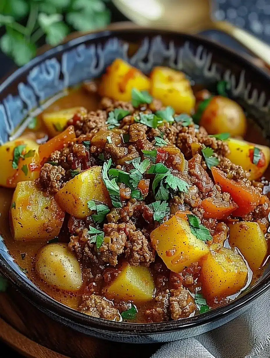 Spicy Ground Beef & Potato Curry 1 Bowl of spicy ground beef and potato curry garnished with fresh cilantro