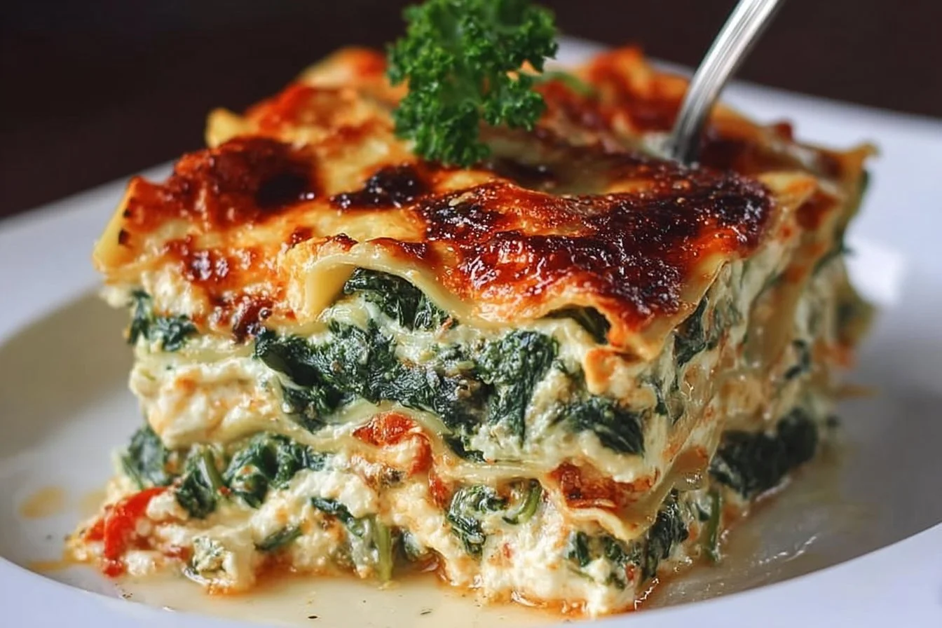 Spinach Ricotta Lasagna 3 Delicious Spinach Ricotta Lasagna with layers of spinach, ricotta cheese, and marinara sauce