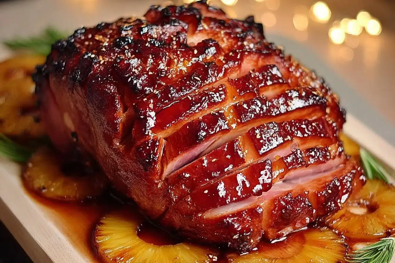 Sticky Pineapple Brown Sugar Glazed Ham 3 Sticky Pineapple Brown Sugar Glazed Ham on a serving platter