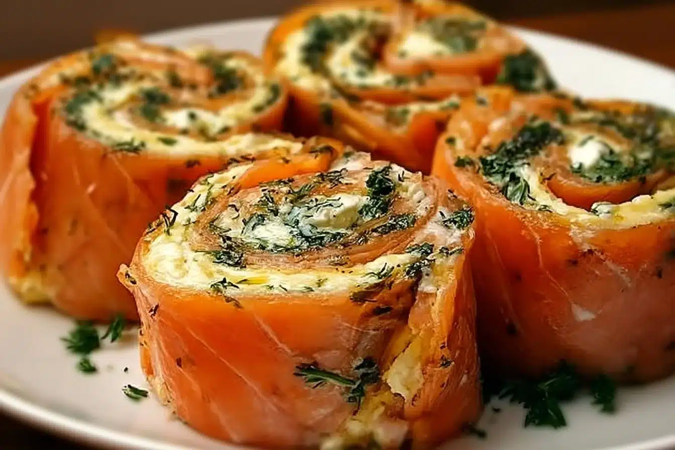 Stuffed Salmon Pinwheels 3 Stuffed salmon pinwheels served on a plate, garnished and ready to enjoy.