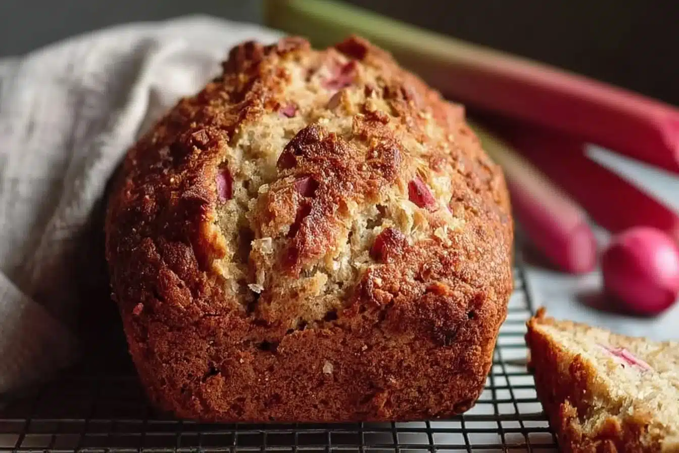 Loaf of sweet rhubarb bread with slices showcasing its texture