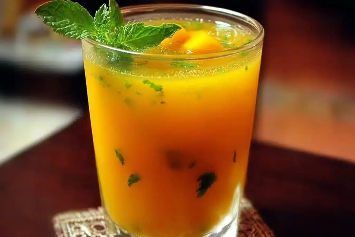 Tamarind Mango Mocktail in a glass garnished with mango slices and mint leaves.