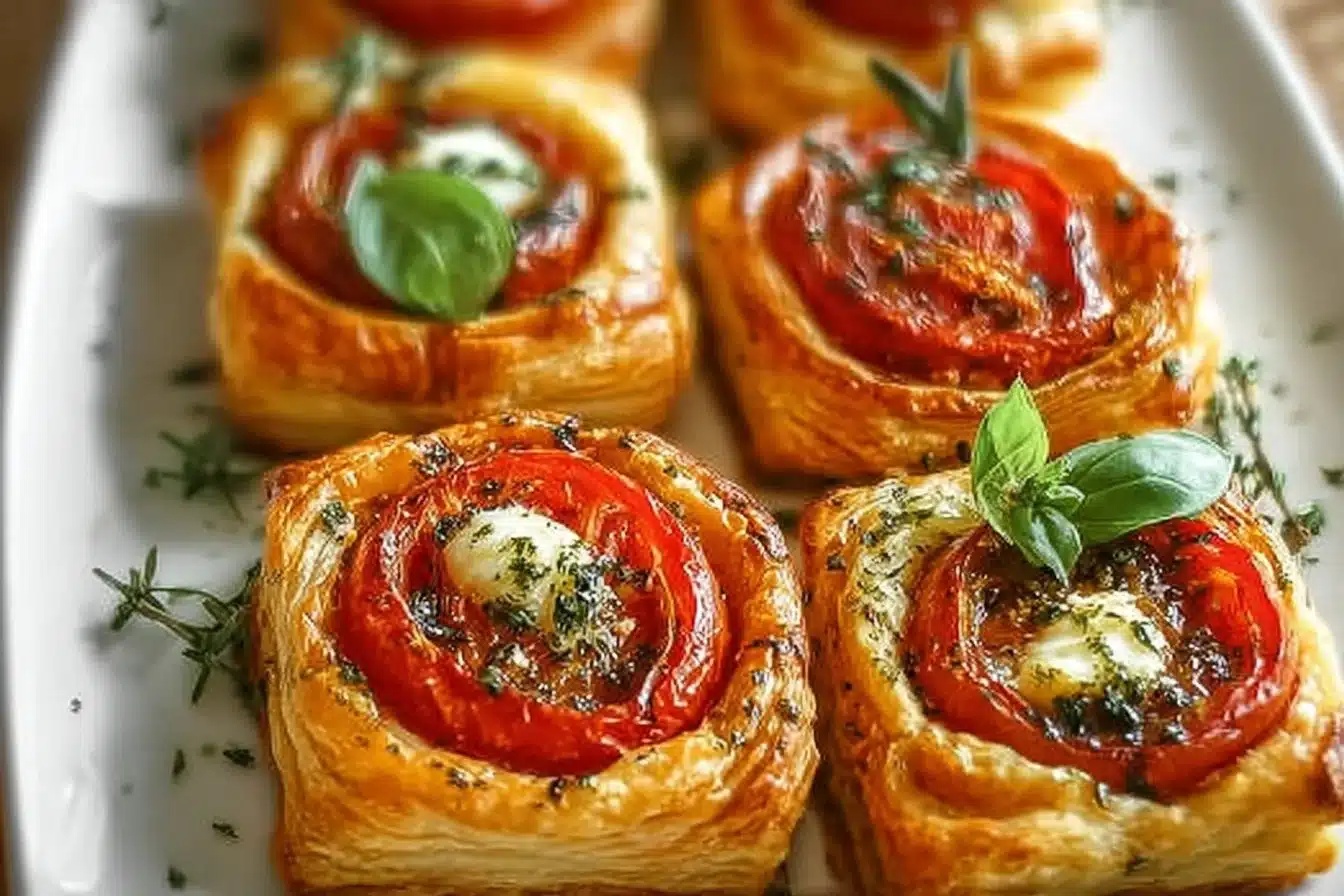 Delicious homemade tomato tartlets with flaky puff pastry on a plate.