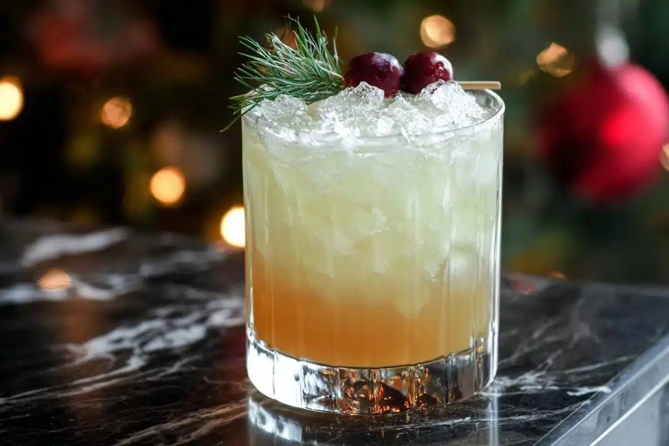 White Christmas Bourbon Smash 3 White Christmas Bourbon Smash cocktail with seasonal decorations