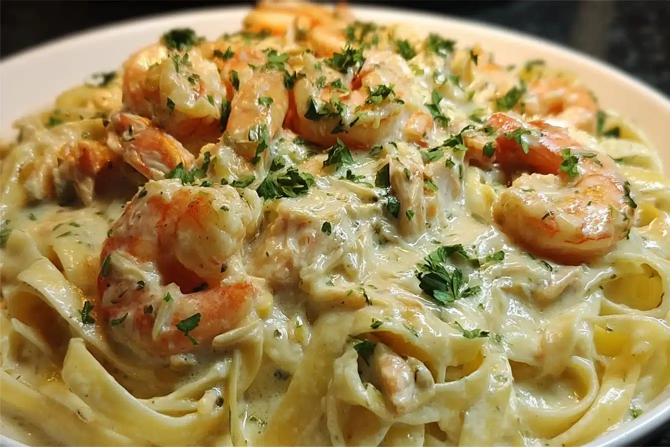 1 Pot Shrimp and Crab Alfredo Sauce 3 Delicious 1 Pot Shrimp and Crab Alfredo sauce served over pasta