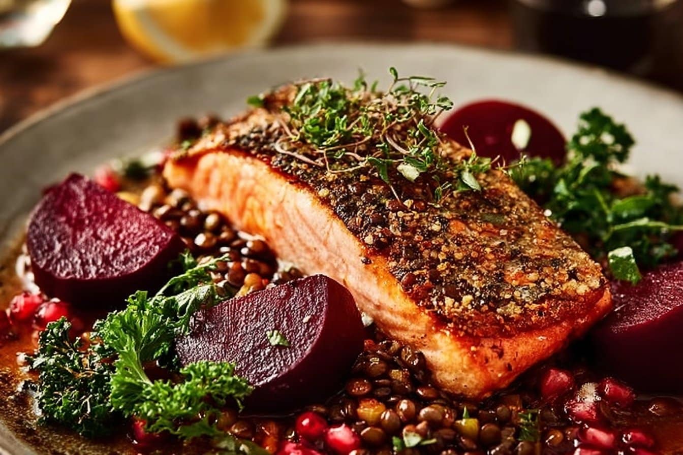 Savory Mustardy Salmon with Beetroot and Lentils 4 Savory Mustardy Salmon with Beetroot and Lentils