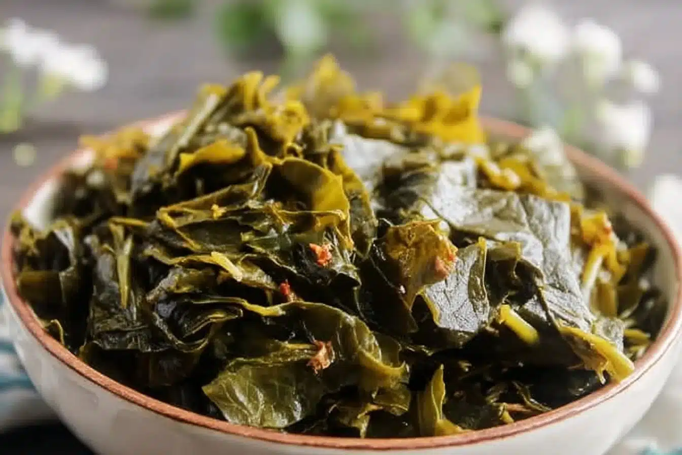 Authentic Southern Collard Greens 3 Delicious bowl of authentic Southern collard greens cooked with spices and ham hock