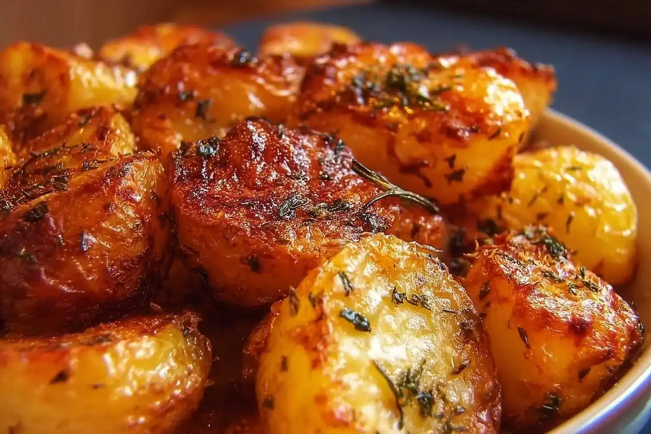 Crispy and golden brown best roast potatoes served with herbs