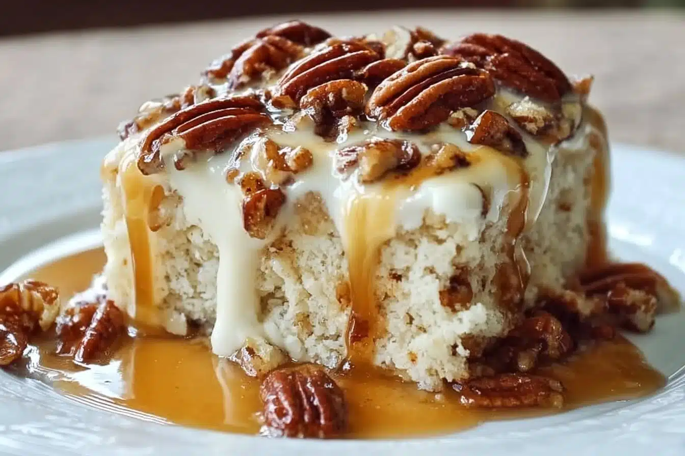 Delicious Butter Pecan Praline Poke Cake topped with pecans and caramel