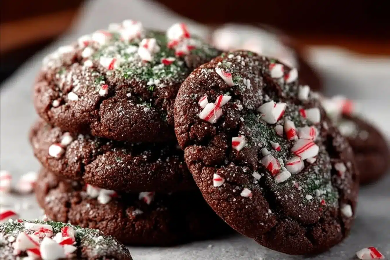 Chocolate Peppermint Brownie Cookies 3 Chocolate peppermint brownie cookies on a festive plate