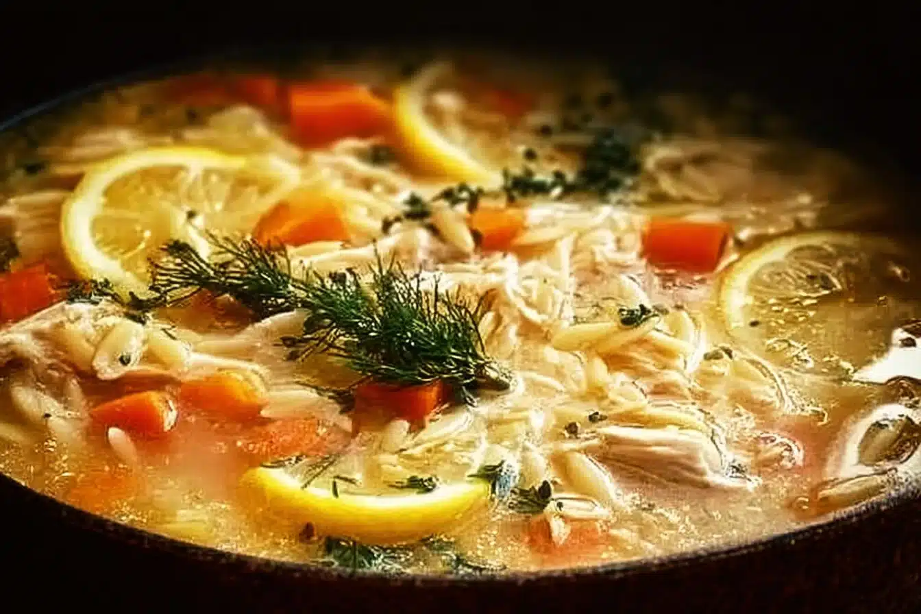 Comforting Lemon Chicken Soup with Orzo 3 Bowl of comforting lemon chicken soup with orzo and fresh herbs