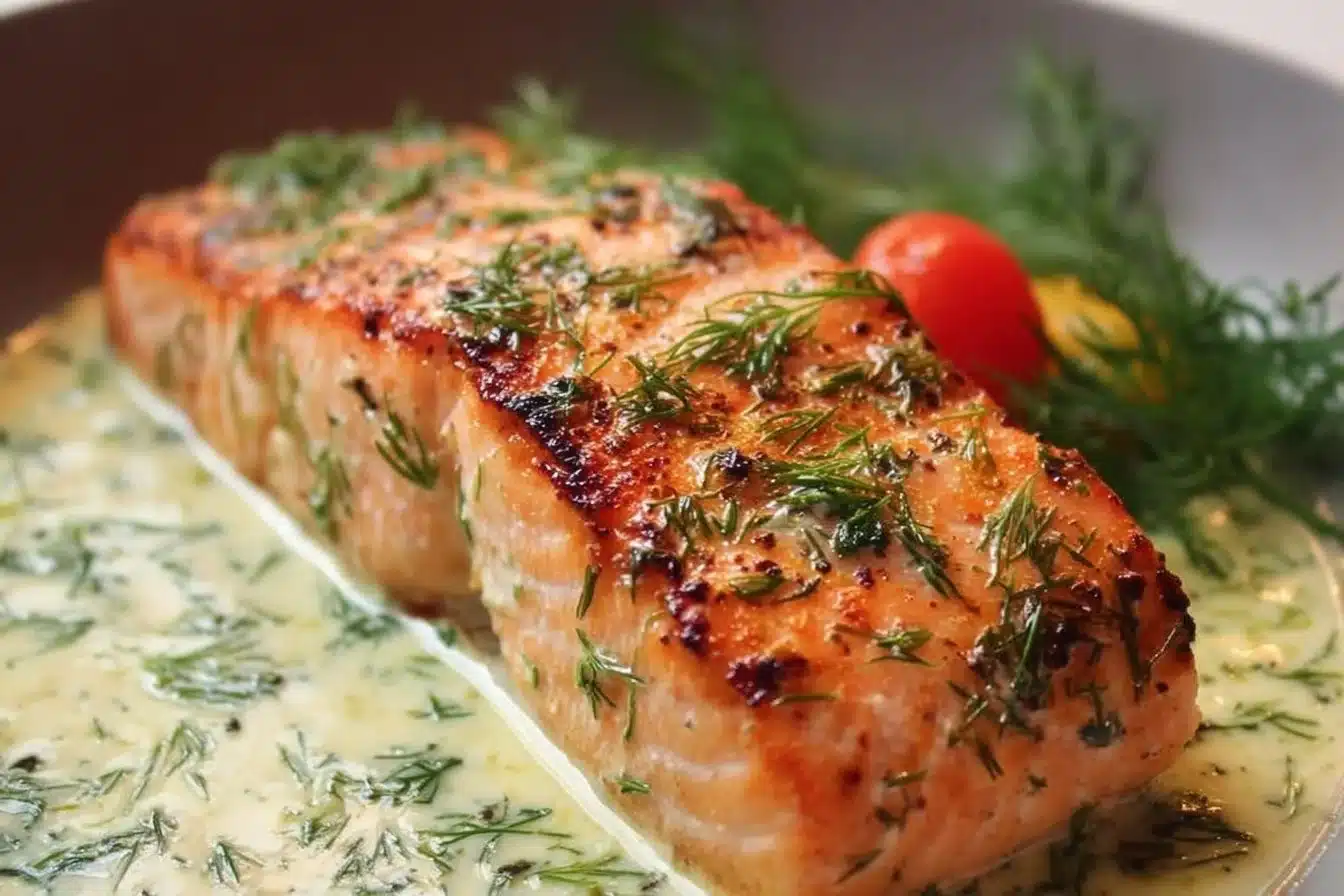 Creamy Dill Salmon 3 Creamy Dill Salmon with fresh herbs on a plate