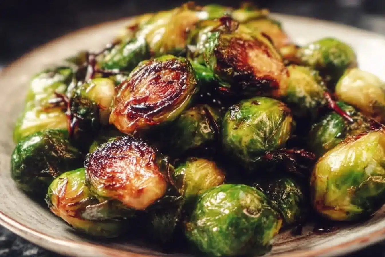 Crispy Honey Balsamic Brussels Sprouts 3 Delicious Crispy Honey Balsamic Brussels Sprouts served on a plate