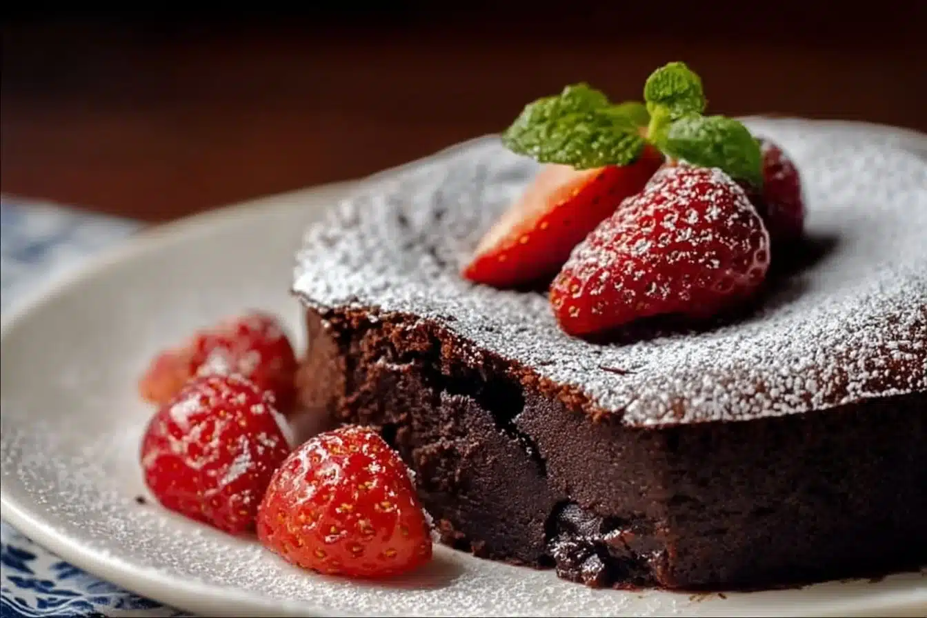 Decadent Flourless Chocolate Cake 3 Slice of decadent flourless chocolate cake topped with chocolate ganache