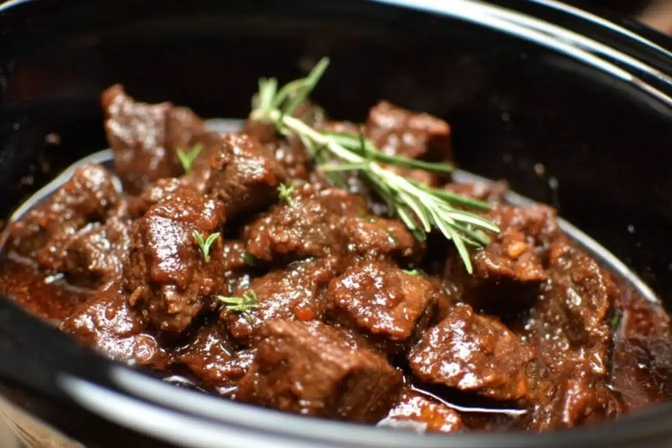 Delicious Beef Tips in Crock Pot 3 Delicious beef tips cooked in a crock pot for a hearty meal