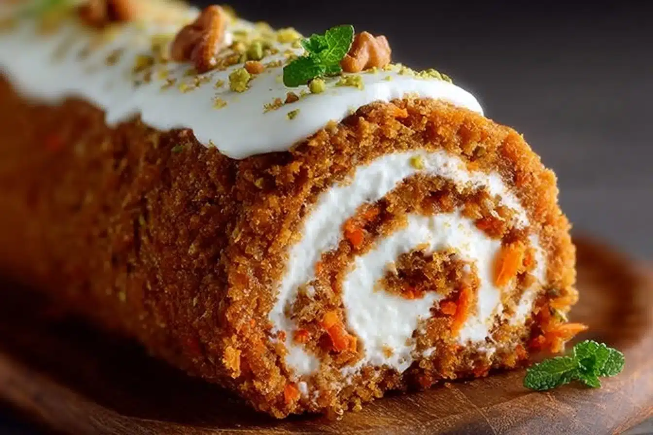 Delicious Carrot Cake Roll with Cream Cheese Filling 3 Delicious carrot cake roll with cream cheese filling on a plate