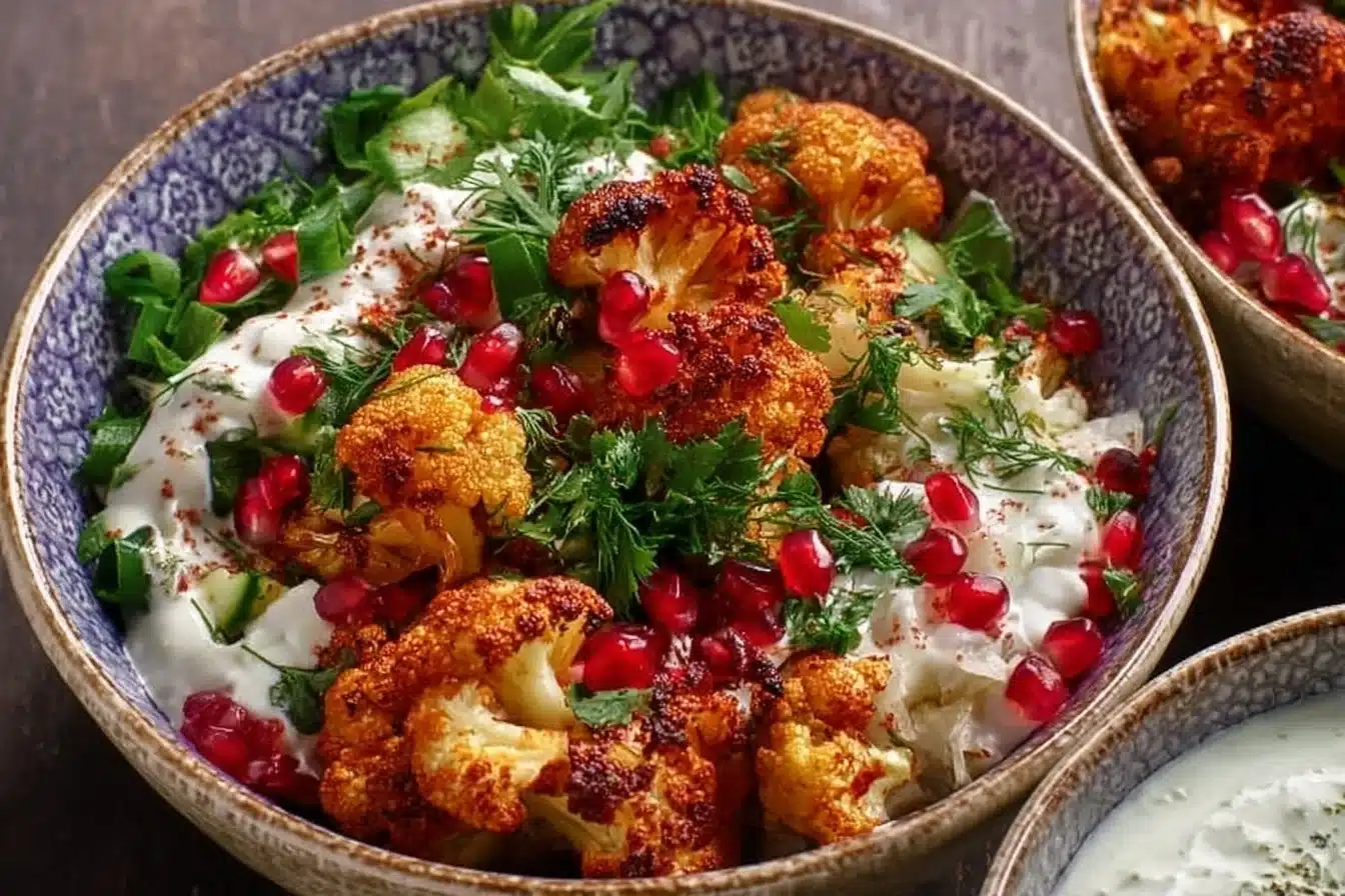 Delicious Cauliflower Shawarma Bowls 3 Delicious cauliflower shawarma bowls served with fresh vegetables and sauce.
