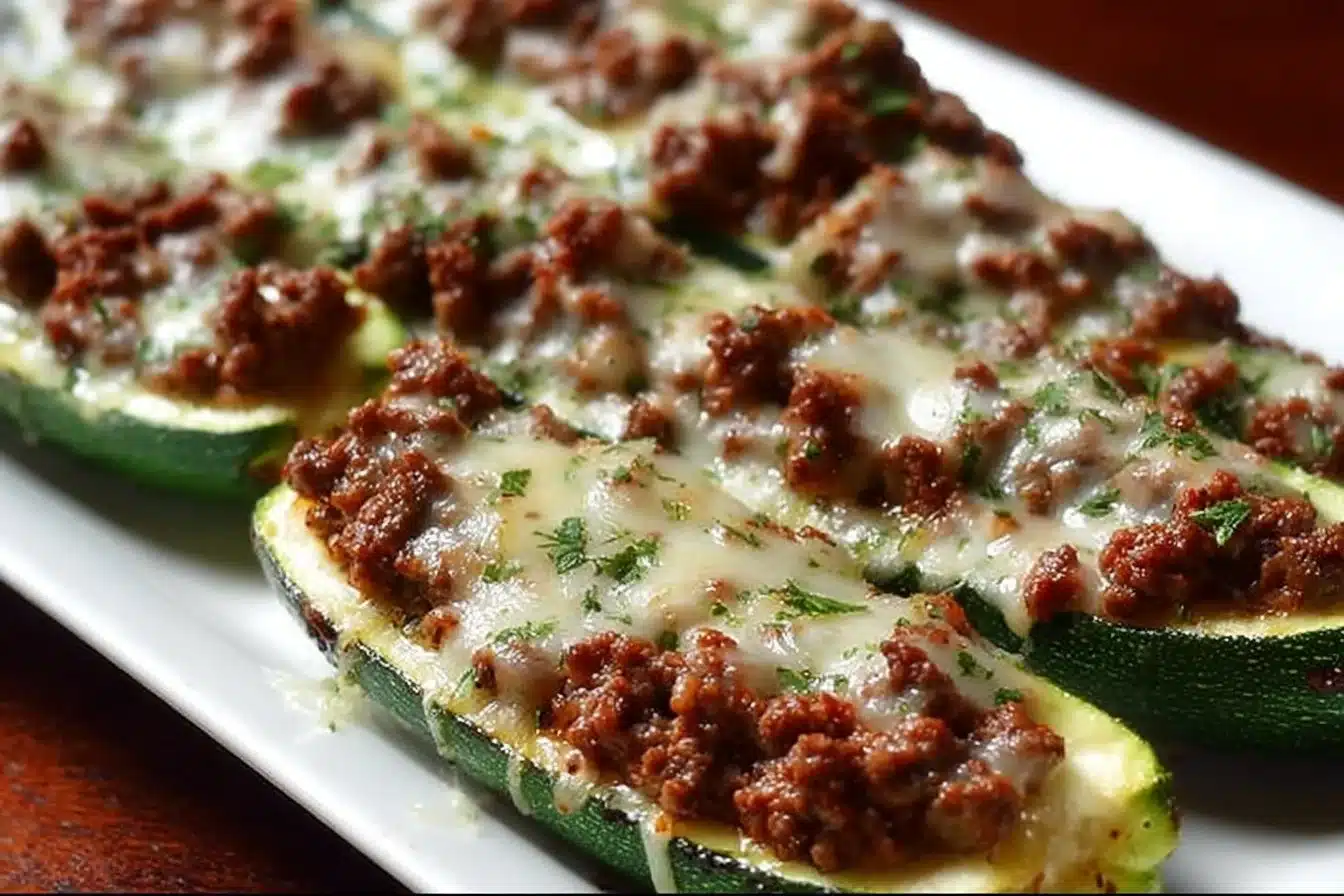 Delicious easy ground beef zucchini boats filled and baked with savory ingredients.
