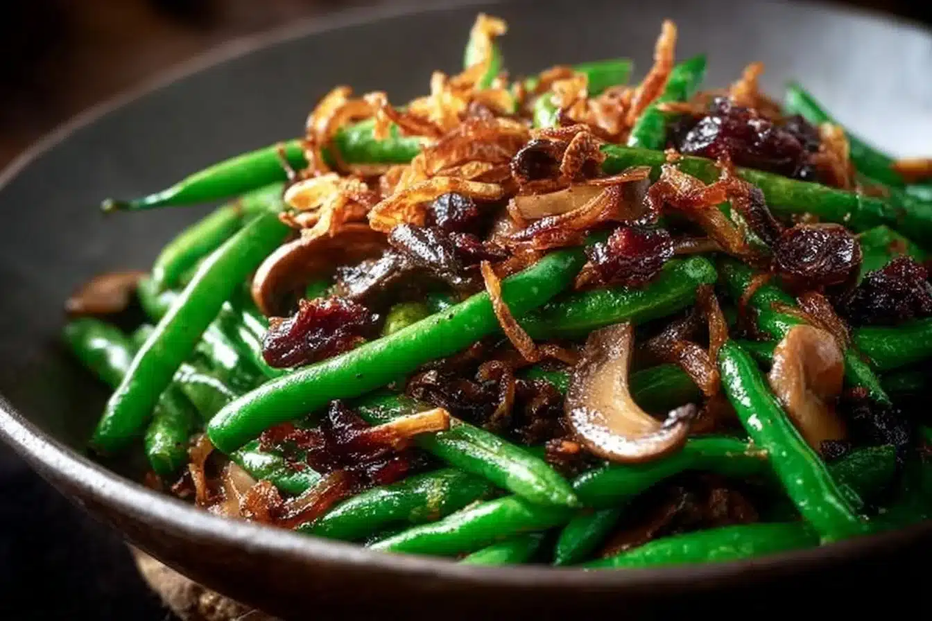 Delicious Green Beans with Wild Mushrooms and Crispy Shallots 3 Delicious green beans with wild mushrooms and crispy shallots served in a bowl