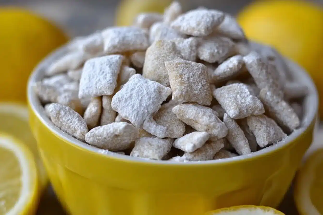Bowl of delicious lemon puppy chow snack mix with lemon zest and powdered sugar