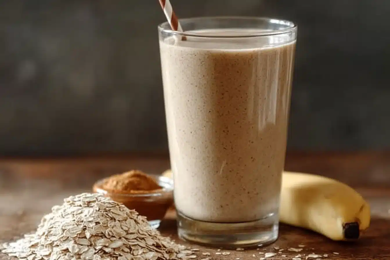 A delicious peanut butter oatmeal smoothie in a glass with oats and bananas.