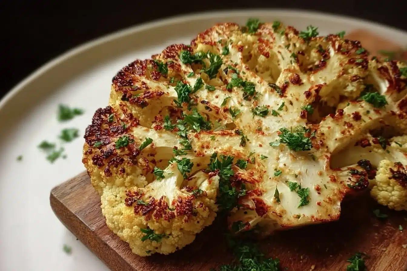 Delicious Roasted Cauliflower Steak 3 Delicious roasted cauliflower steak served with herbs and spices
