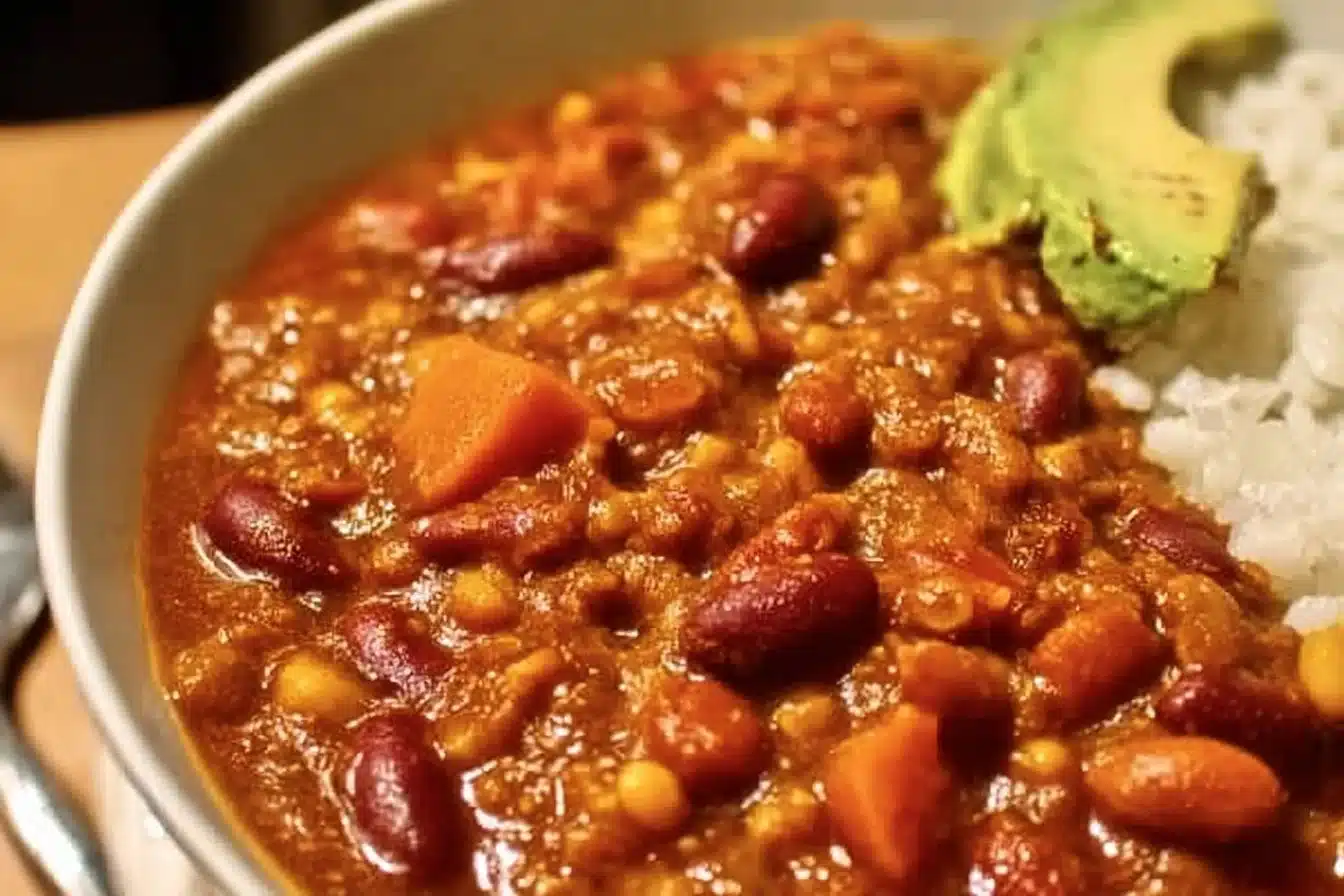 Delicious Vegan Chili 3 Bowl of delicious, hearty vegan chili topped with fresh herbs