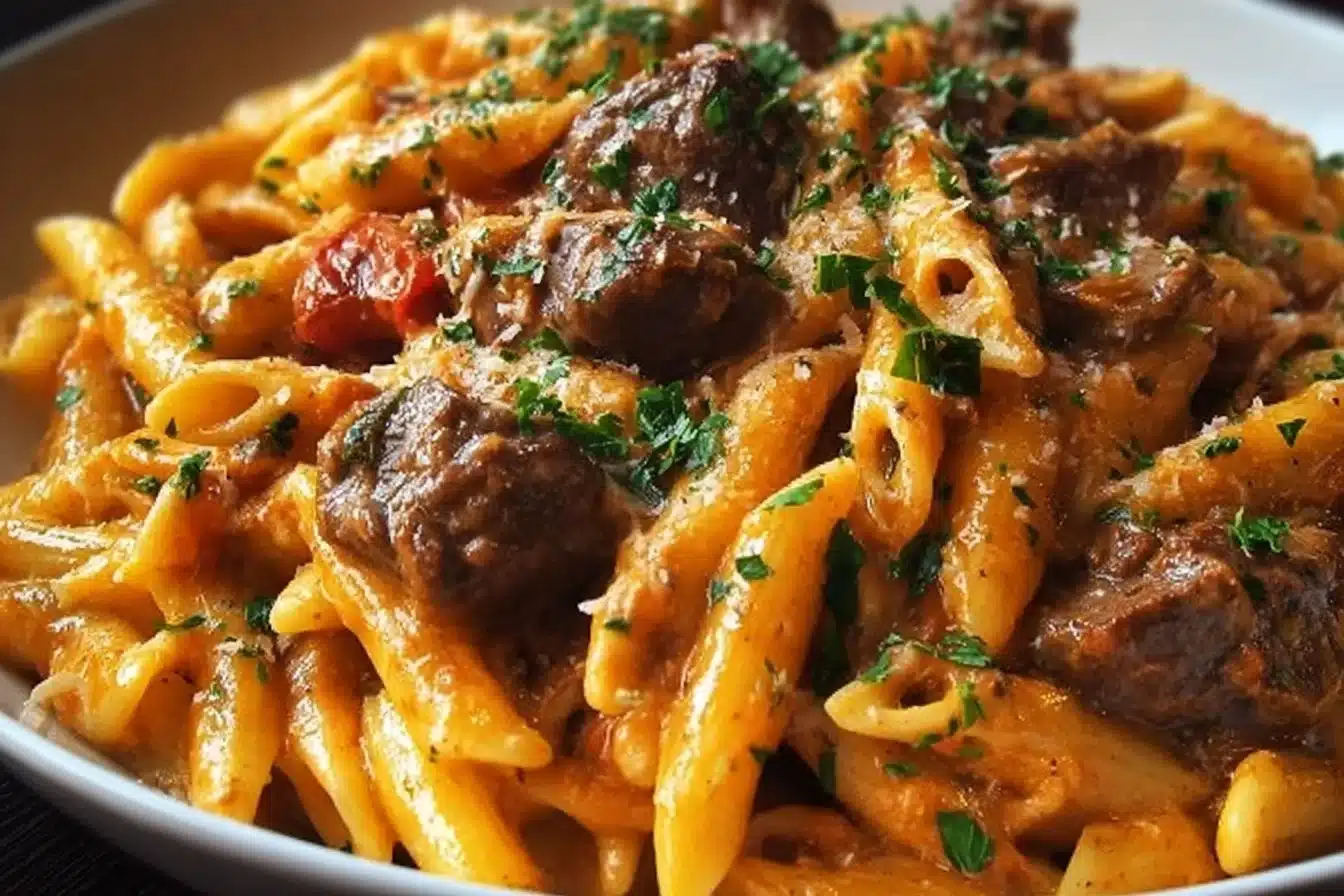 Creamy beef pasta dish with savory sauce and tender beef.