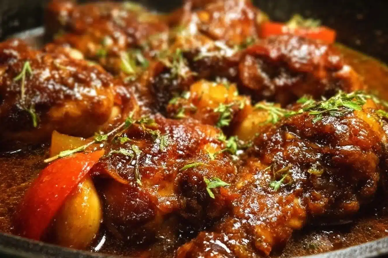 Easy Brown Stew Chicken 3 A plate of easy brown stew chicken with vegetables, showcasing rich flavors and colors.