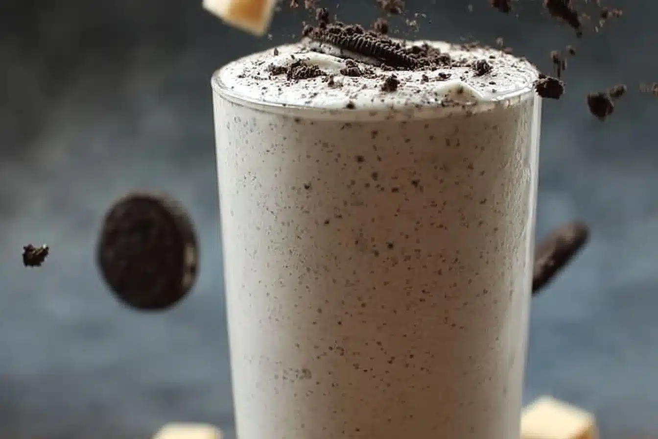 Easy Cookies and Cream Protein Shake 3 Delicious cookies and cream protein shake in a glass with a straw