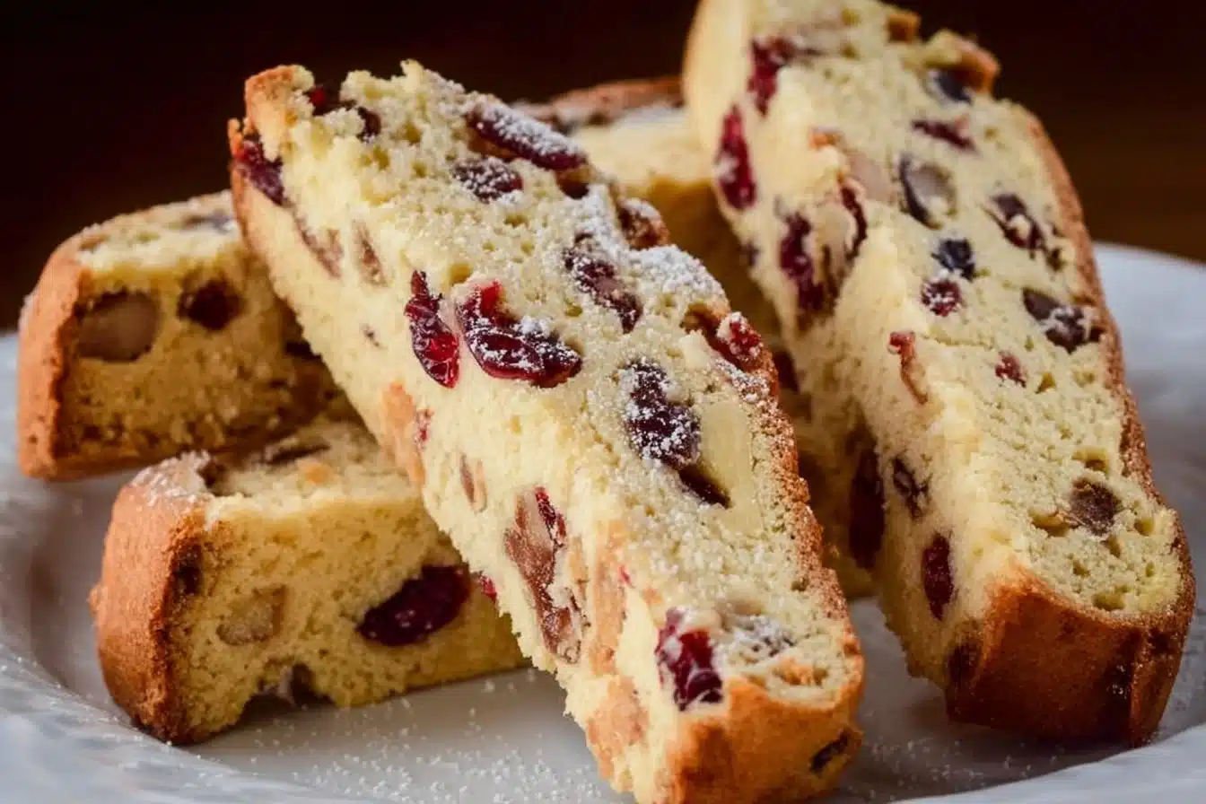 Easy Cranberry White Chocolate Biscotti 3 Easy cranberry white chocolate biscotti on a rustic wooden table.